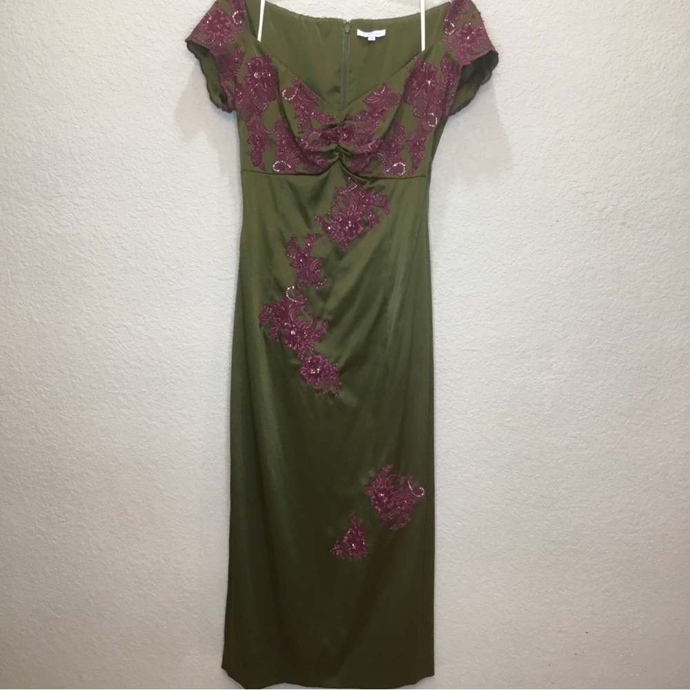 MANDALAY 12 Evening COCKTAIL DRESS Embellished Green Gown Purple Beads Sequins